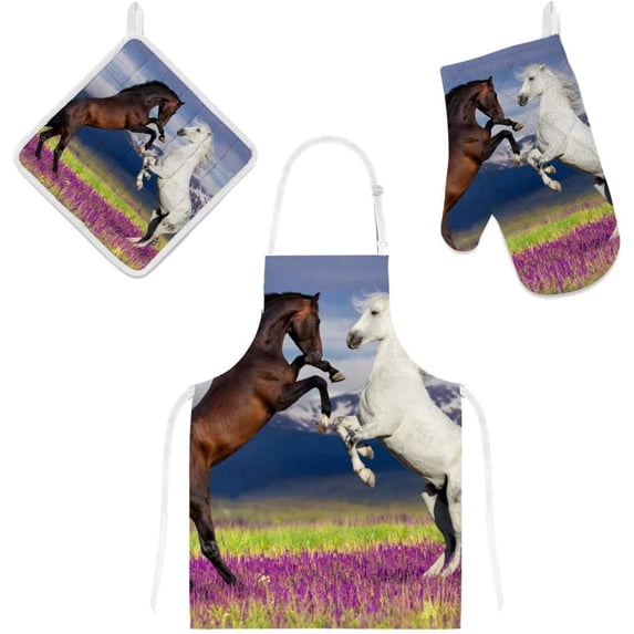 Dreamtimes Polyester Kitchen Oven Mitts Glove Potholder Apron 3Pcs Set Horses Playing Non Slip Heat Resistant Mitts for Baking Cooking BBQ
