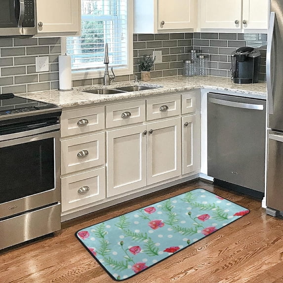 Dreamtimes Poppies Leaves Kitchen Mats Washable Long Floor Runner Rug Non-Slip Fatigue Area Rugs Spring Summer Absorbent Doormat Cushioned for Farmhouse Home Bath Indoor Outdoor Decor 39"x20"