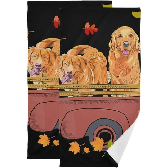 Dreamtimes Pumpkin Truck Dogs Hand Towels 2 PCS, Ultra Soft and Highly Absorbent, Hello Fall Decorative Fingertip Towel for Home, Bathroom, Kitchen, 28.3"x14.4"