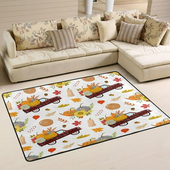 Dreamtimes Pumpkin Truck Flower Non-Slip Area Rug 36"x24", Autumn Harvest Floor Carpet Comfort Floor Mats Decor for Indoor Front Porch,Living Room, Bedroom,Kitchen