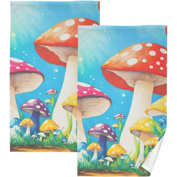 Dreamtimes Red Blue Mushroom Hand Towels 2 Pieces 16×28 inches, Cotton Bath Towel Water Absorbent Lightweight Quickdry Towels for Bathroom Ktichen Travel Gym