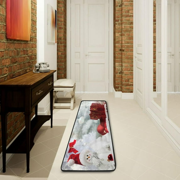 Dreamtimes Red Hat Snowman Baubles Hallway Runner Rug 2'x6' Kitchen Rug with Rubber Backing Merry Christmas Non Slip Entryway Rug Runner Washable Soft Area Rug for Hallway Bedroom Kitchen Decor