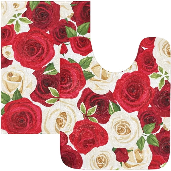 Dreamtimes Red Rose White Roses Flower Floral Bath Mat for Bathroom Shower U Shape Toilet Rugs Contour Carpet Set, Fluffy Absorbent & Machine Washable, 2 Piece