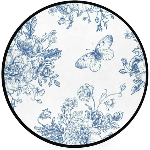 Dreamtimes Retro Pattern with Blue Bouquets White Backg Round Area Rug 3Ft Small Round Area Rug Soft Bedroom Entryway Foyer Throw Mat Washable Non-Shedding Non-Slip Sofa Nursery Carpet