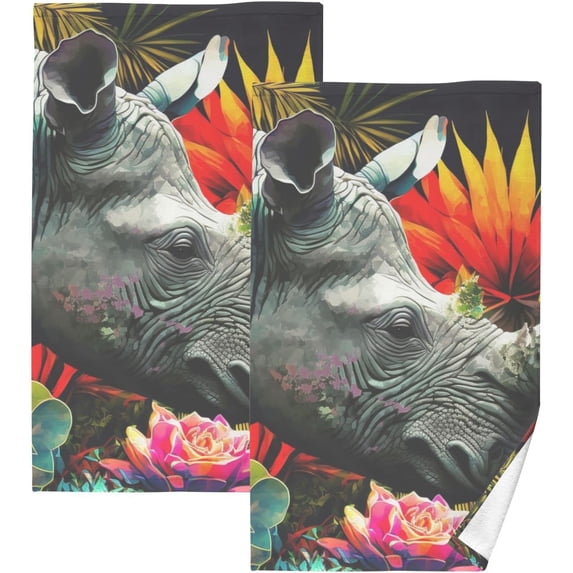Dreamtimes Rhinoceros Flowers Hand Towels 2 Pieces, Cotton Bath Towel for Drying Face Hands Body Decorative Water Absorbent Lightweight Towels for Bathroom Ktichen Travel Gym,16"x28"