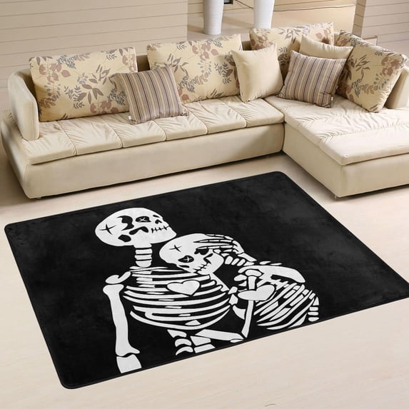 Dreamtimes Romantic Skeleton Couple Non-Slip Area Rug 36"x24", Valentine's Day Black Floor Carpet Comfort Floor Mats Decor for Indoor Front Porch,Living Room, Bedroom,Kitchen