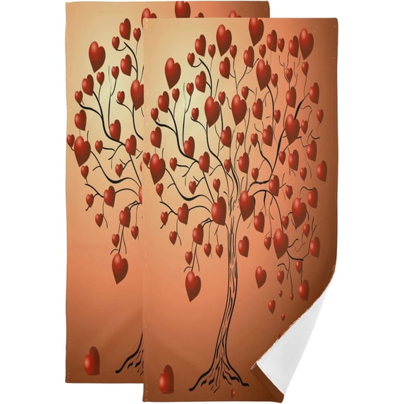 Dreamtimes Romantic Tree Falling Hearts Hand Towels 2 PCS, Happy Valentine's Day Kitchen Towel Ultra Soft and Highly Absorbent,Decorative Fingertip Face Towel for Bathroom Hotel, 28.3"x 14.4"