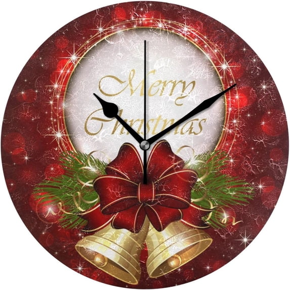 Dreamtimes Round Digital Clock Christmas Bell Bow and Snowflakes Creative Decorative Quiet Not Ticking Clock,Bedroom Living Room Bathroom Kitchen Office Wall Ornament, 10In