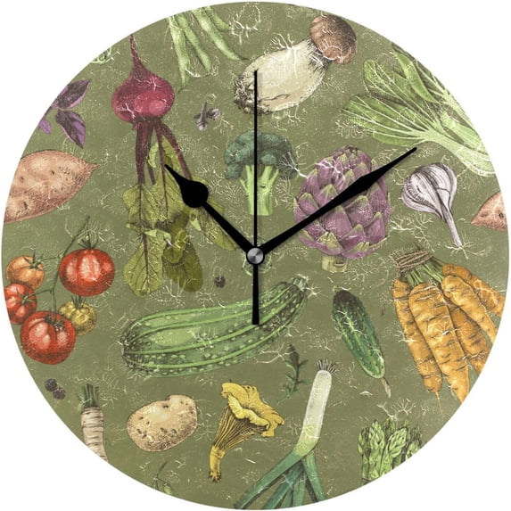 Dreamtimes Round Digital Clock Vintage Vegetables Print Creative Decorative Quiet Not Ticking Clock,Bedroom Living Room Bathroom Kitchen Office Wall Ornament, 10In