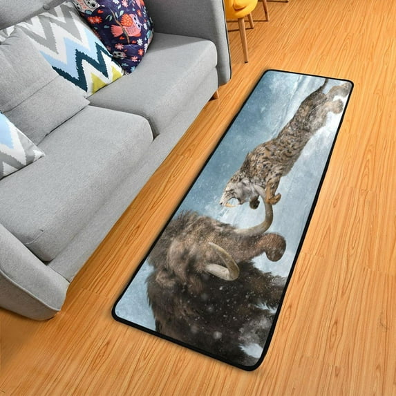 Dreamtimes Saber-Toothed Tiger Mammoth Hallway Runner Rug 2'x6' Kitchen Rug with Rubber Backing Winter Snowstorm Non Slip Entryway Rug Runner Washable Soft Area Rug for Hallway Bedroom Kitchen Decor