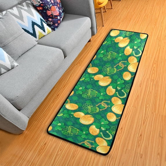 Dreamtimes Saint Patrick Day Coin Hallway Runner Rug 2'x6' Kitchen Rug with Rubber Backing Green Clovers Beer Non Slip Entryway Rug Runner Washable Soft Area Rug for Hallway Bedroom Kitchen Decor