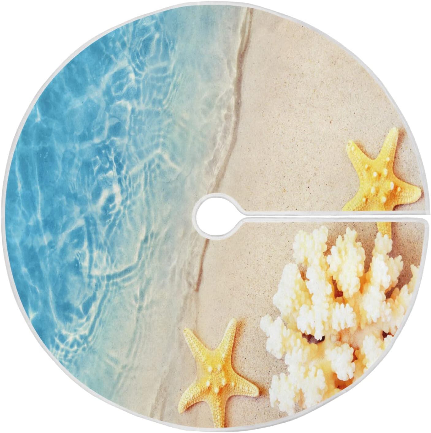 Dreamtimes Sandy Beach Blue Tree Skirts for Festive Holiday Party Decoration, Starfish Summer