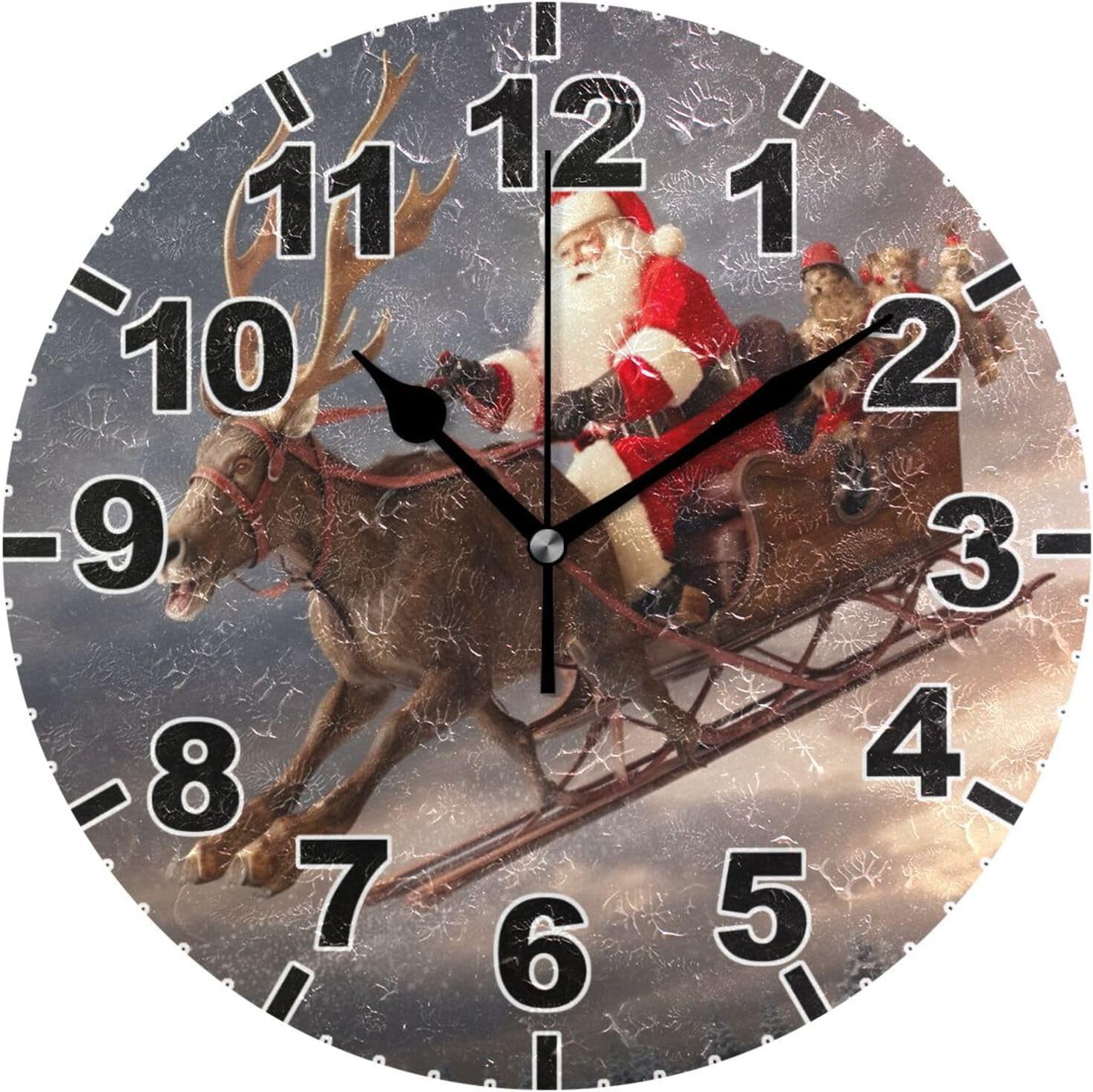 Sata Clock Dreamtimes Santa in A Sleigh Round Wall Clock, Battery Operated Silent ...