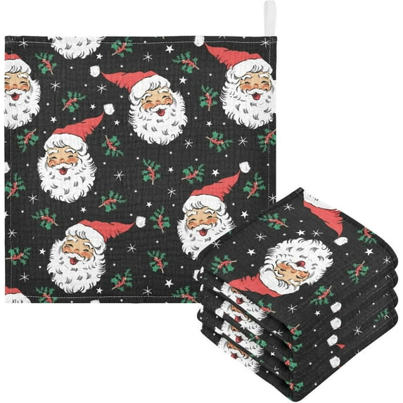 Dreamtimes Santa Claus with Holly Baby Muslin Washcloths Face Towel, Christmas Snow Flakes Burp Cloths Cotton Wipes 5 PCS Infant Wash Cloth for Newborn Boys Girls 12x12 inches