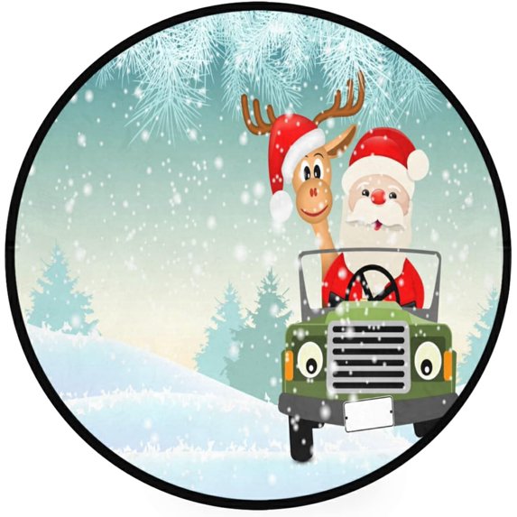 Dreamtimes Santa with His Reindeer Driving Car Round Area Rug 3Ft Small Round Area Rug Soft Bedroom Entryway Foyer Throw Mat Washable Non-Shedding Non-Slip Sofa Nursery Carpet