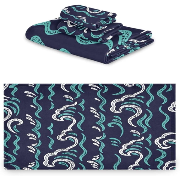 Dreamtimes Sea Wave Towel Set of 3, Highly Absorbent Soft Towels with Bath Towel, Hand Towel and Washcloth for Bathroom Hotel Gym Spa