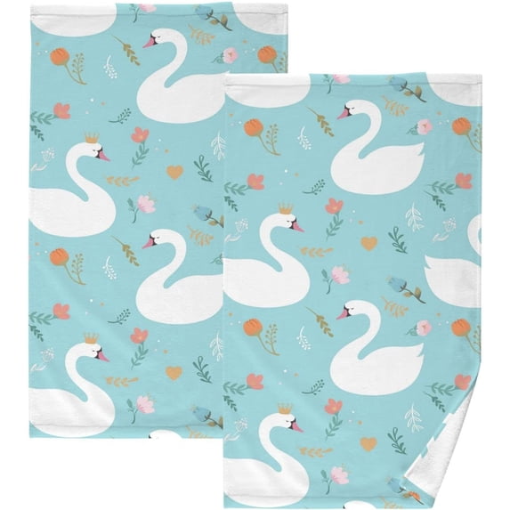 Dreamtimes Seamless Swan Pattern Cotton Towels Set 2 Pcs Absorbent Hand Towel Face Towels Kitchen Towels Bath Towels for Bathroom Laundry Room Kitchen 16 x 28 Inches