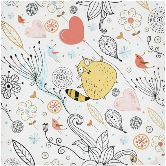 Dreamtimes Set of 1 Cat Bird Flower Illustration Cartoon Satin Napkin Square 20 Inches Table Napkins Soft Smooth Decorative Napkins for Wedding Banquet Party Decoration