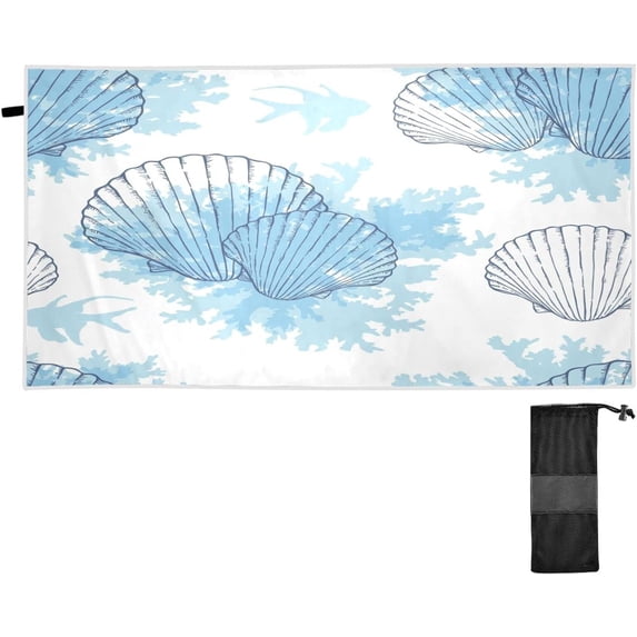 Dreamtimes Shell Blue Beach Towel Lightweight Compact Oversized Travel Towels Super Absorbent Quick Dry Towel for Swimming Camping Holiday