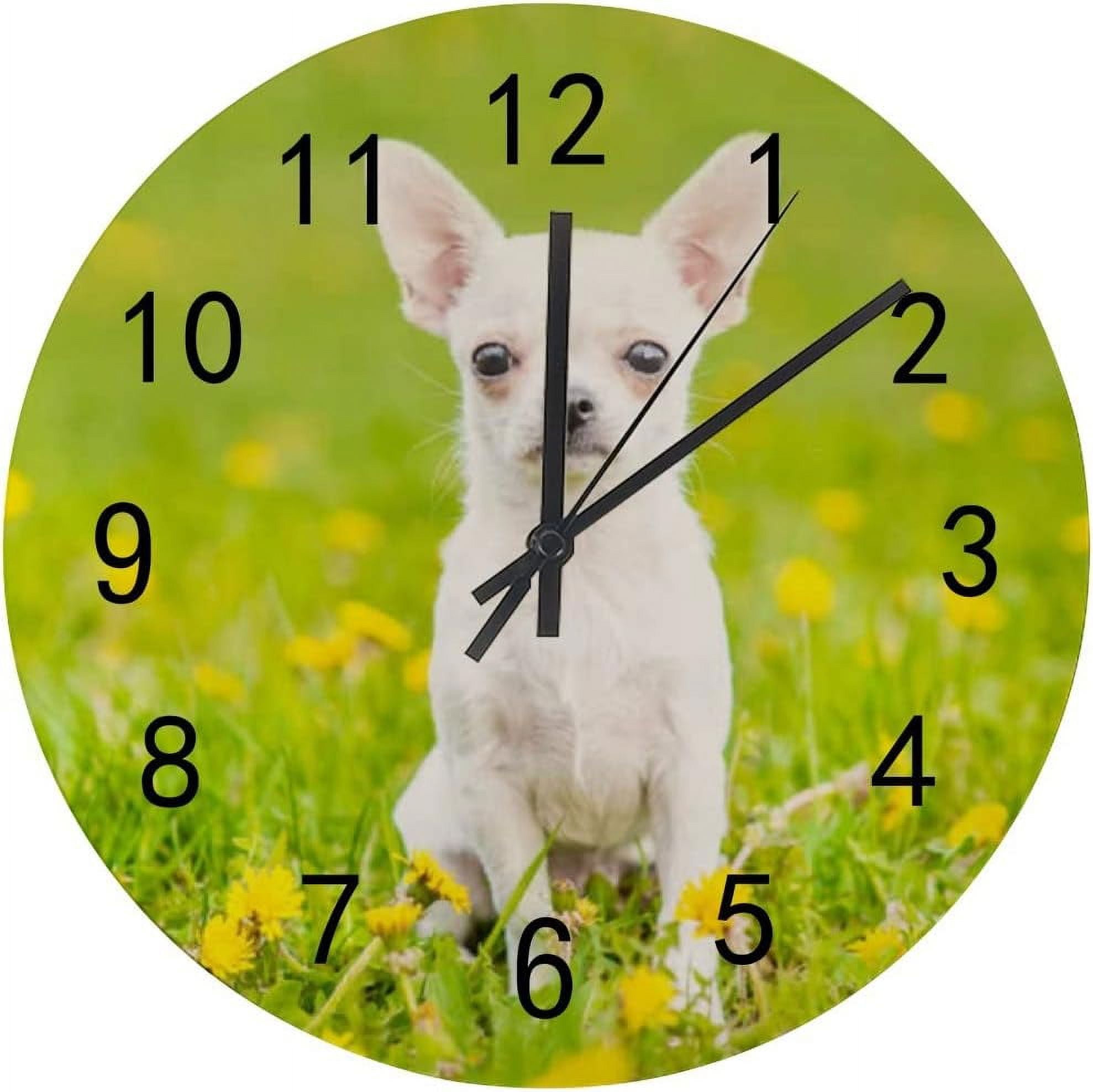 Dreamtimes Silent Wooden Round Wall Clock, 12 Inch Chihuahua Puppy on ...