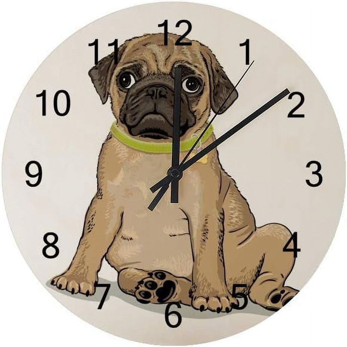 Dreamtimes Silent Wooden Round Wall Clock, 12 Inch Cute Puppy Pug in A