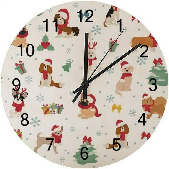 Dreamtimes Silent Wooden Round Wall Clock, 12 Inch Dog in Santa Hats and Scarves Non Ticking Battery Operated Clocks for Home Office Living Room Bedroom