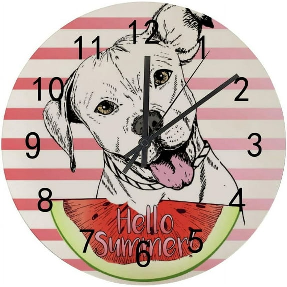Dreamtimes Silent Wooden Round Wall Clock, 12 Inch English Pitbull Dog Eating The Watermelon Slice Non Ticking Battery Operated Clocks for Home Office Living Room Bedroom