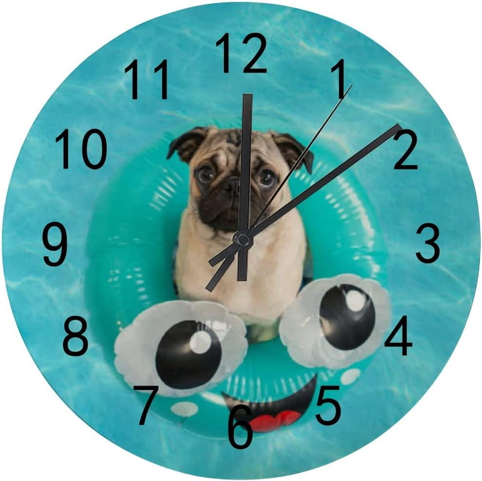 Dreamtimes Silent Wooden Round Wall Clock, 12 Inch Pug Puppy Floating