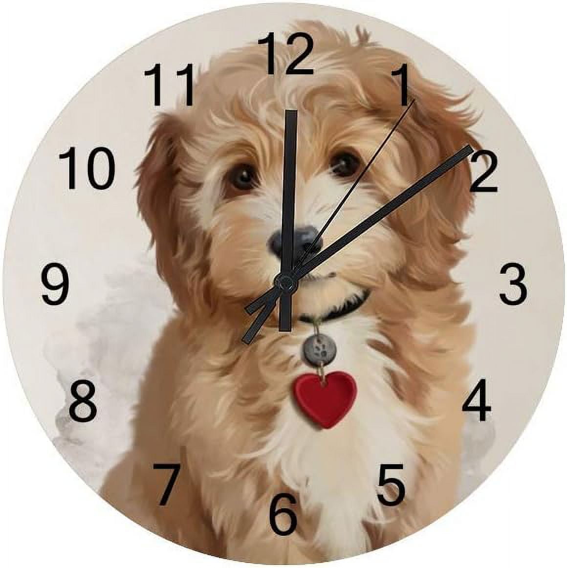 Dreamtimes Silent Wooden Round Wall Clock, 12 Inch Shaggy Yellow Puppy
