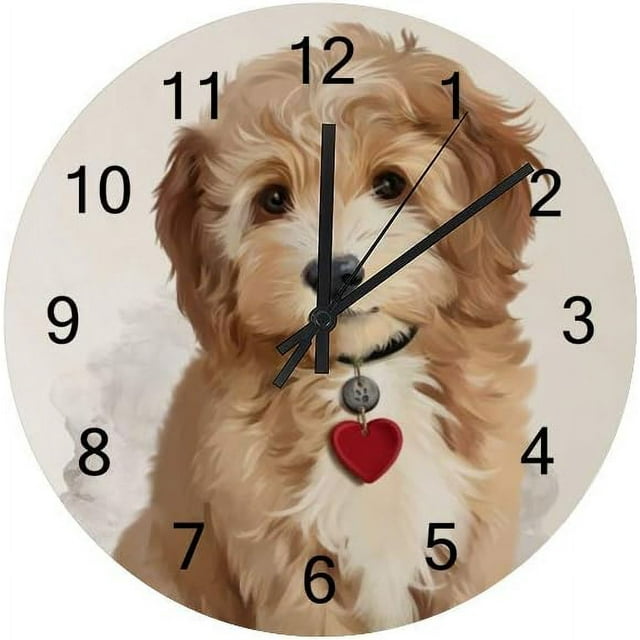Dreamtimes Silent Wooden Round Wall Clock, 12 Inch Shaggy Yellow Puppy Watercolor Painting Non
