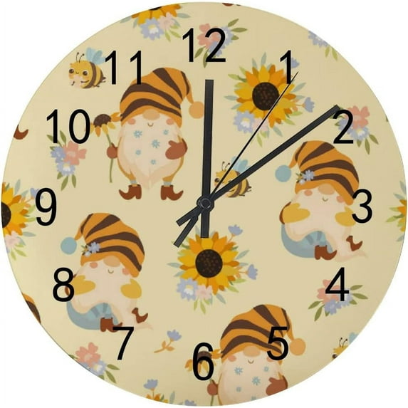 Dreamtimes Silent Wooden Round Wall Clock, 12 Inch Sunflowers Honey Bees and Gnomes Non Ticking Battery Operated Clocks for Home Office Living Room Bedroom