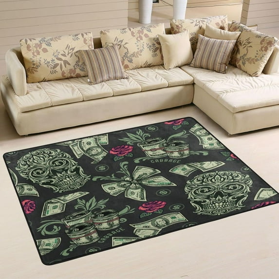 Dreamtimes Skull Money Vintage Non-Slip Area Rug 36"x24", Flower Floral Floor Carpet Comfort Floor Mats Decor for Indoor Front Porch,Living Room, Bedroom,Kitchen