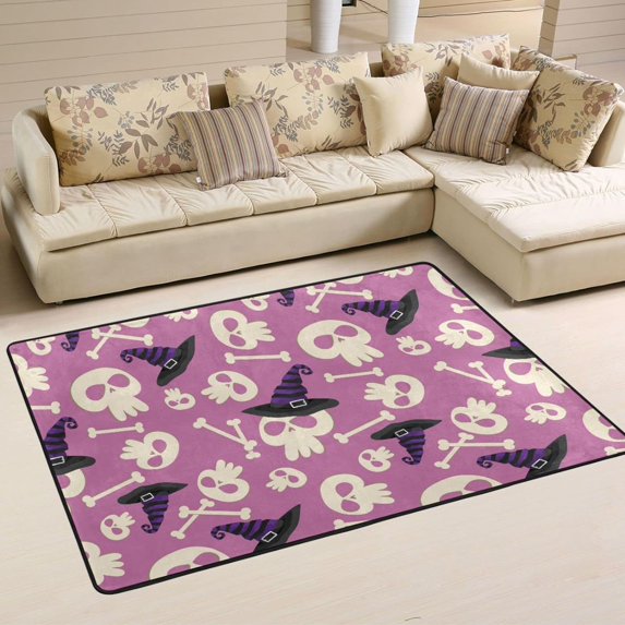 Dreamtimes Skull Witch Hat Area Rug 72x48in Halloween Bone Non-Slip Floor Carpet Comfort Floor Mats Decor for Indoor Living Dining Room and Bedroom Area