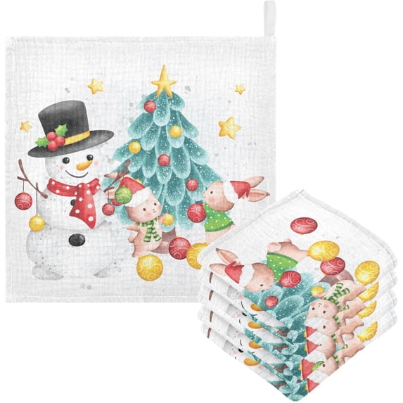 Dreamtimes Snowman Christmas Tree Baby Muslin Washcloths Face Towel, Watercolor Cute Rabbit Burp Cloths Cotton Wipes 5 PCS Infant Wash Cloth for Newborn Boys Girls 12x12 inches