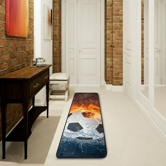 Dreamtimes Soccer Ball Hallway Runner Rug 2'x6' Kitchen Rug with Rubber Backing Fire Water Non Slip Entryway Rug Runner Washable Soft Area Rug for Hallway Bedroom Kitchen Decor
