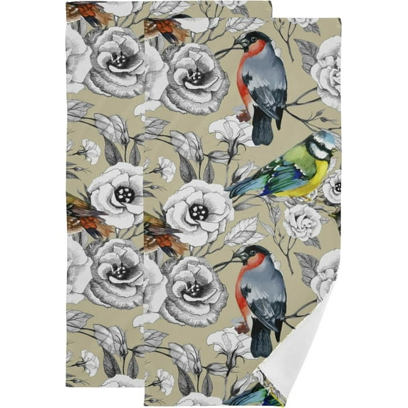 Dreamtimes Spring Bullfinch Retro Birds Hand Towels 2 PCS, Vintage Birds Flowers Kitchen Towel Ultra Soft and Highly Absorbent,Decorative Fingertip Face Towel for Bathroom Hotel, 28.3"x14.4"