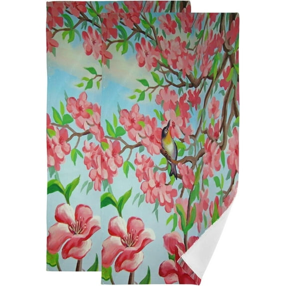 Dreamtimes Spring Cherry Blossom Birds Hand Towels 2 PCS, Watercolor Flowers Kitchen Towel Ultra Soft and Highly Absorbent,Decorative Fingertip Face Towel for Bathroom Hotel, 28.3"x14.4"