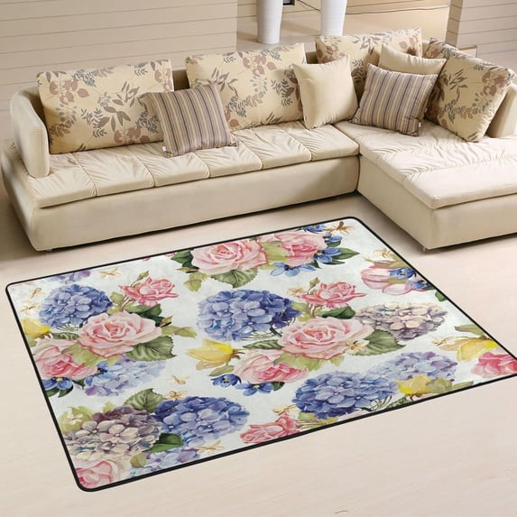 Dreamtimes Spring Rose Flowers Non-Slip Area Rug 36"x24", Summer Hydrangea Floor Carpet Comfort Floor Mats Decor for Indoor Front Porch,Living Room, Bedroom,Kitchen