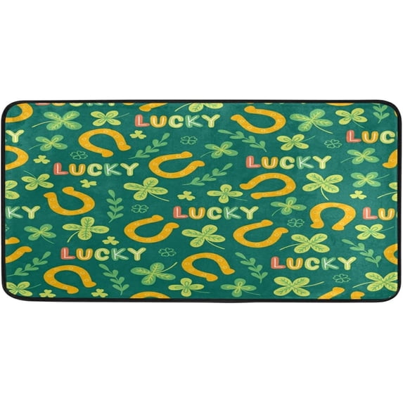 Dreamtimes St.Patrick's Day Kitchen Rug 39"x20", Irish Lucky Day Shamrock Clover Leaves Gold Horseshoes Non Slip Washable Cushioned Carpets Polyester AntiFatigue Comfort Porch Floor Mat for Washro