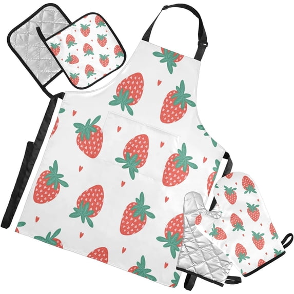 Dreamtimes Strawberry Apron Home Kitchen Cooking,Kitchen Accessories Set,5 Set -Apron Oven Mitt Glove and Pot Holder Kitchen Linen Sets