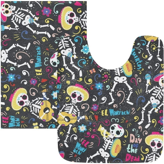Dreamtimes Sugar Skull Day of The Dead Halloween Bath Mat for Bathroom Shower U Shape Toilet Rugs Contour Carpet Set, Fluffy Absorbent & Machine Washable, 2 Piece