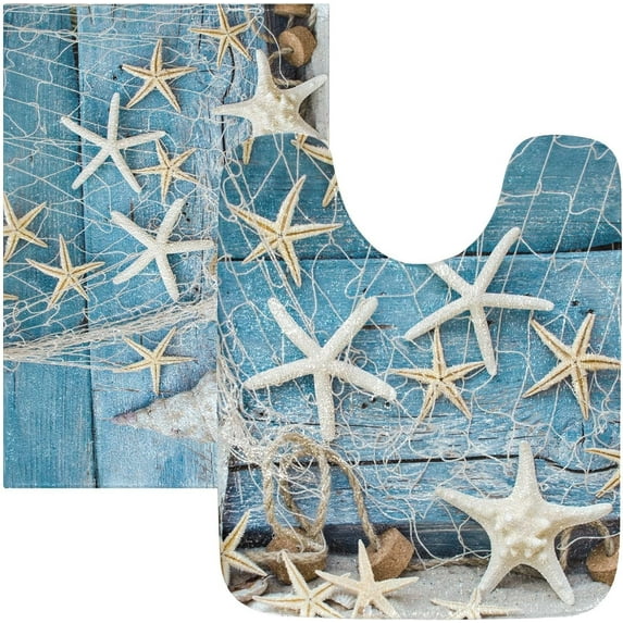 Dreamtimes Summer Beach Conch Seashell Bath Mat for Bathroom Shower U Shape Toilet Rugs Contour Carpet Set, Fluffy Absorbent & Machine Washable, 2 Piece