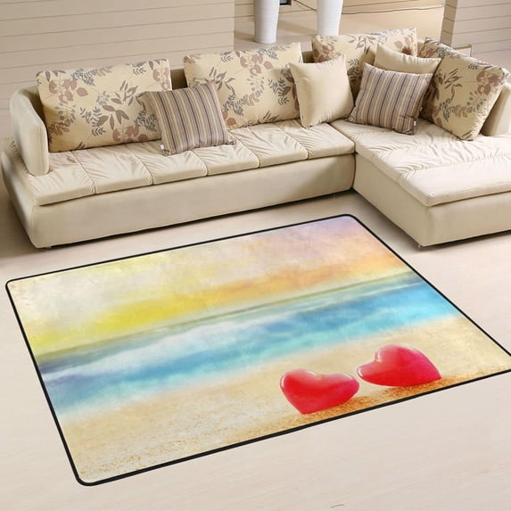 Dreamtimes Summer Beach Hearts Area Rug, 36"x24" Beautiful Seaside View Non-Slip Washable Indoor Door Mat, Absorbent Floor Mat for Bedroom Kitchen Entryway Bathroom