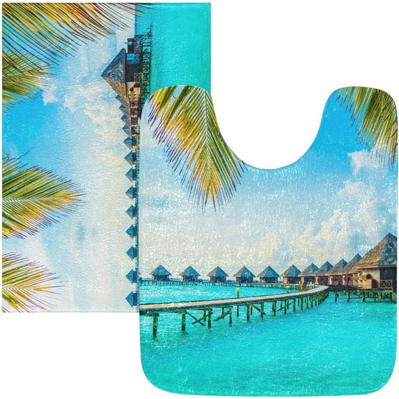 Dreamtimes Summer Beach Maldives Tropical Palm Leaf Bath Mat for Bathroom Shower U Shape Toilet Rugs Contour Carpet Set, Fluffy Absorbent & Machine Washable, 2 Piece
