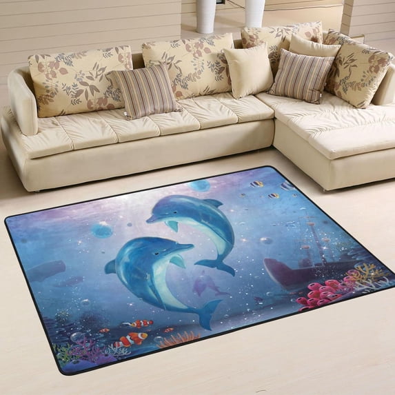 Dreamtimes Summer Blue Dolphin Area Rug, 36"x24" Colorful Tropical Ocean Non-Slip Washable Indoor Door Mat, Absorbent Floor Mat for Bedroom Kitchen Entryway Bathroom
