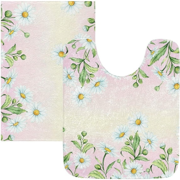 Dreamtimes Summer Daisy Floral Bathroom Rug Set 2PCS Ultra Soft Bath Rugs, Non Slip Absorbent Shaggy Bath Mat Set with U-Shaped Toilet Mat (17.3"x13.4"& 23.6"x15.7")