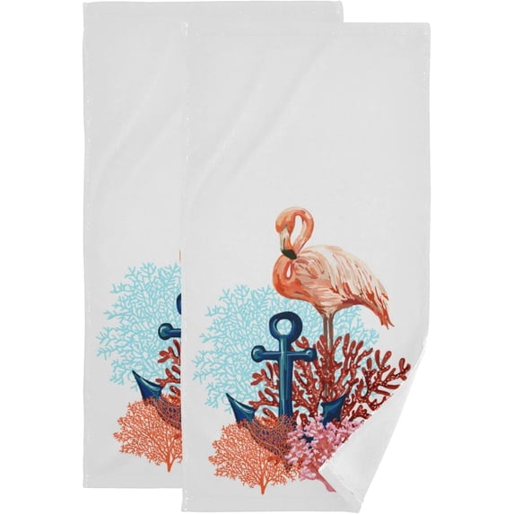 Dreamtimes Summer Flamingo Anchor Hand Towels 2 PCS, Marine Coral Kitchen Towel Ultra Soft and Highly Absorbent,Decorative Fingertip Face Towel for Bathroom Hotel, 28.3"x 14.4"