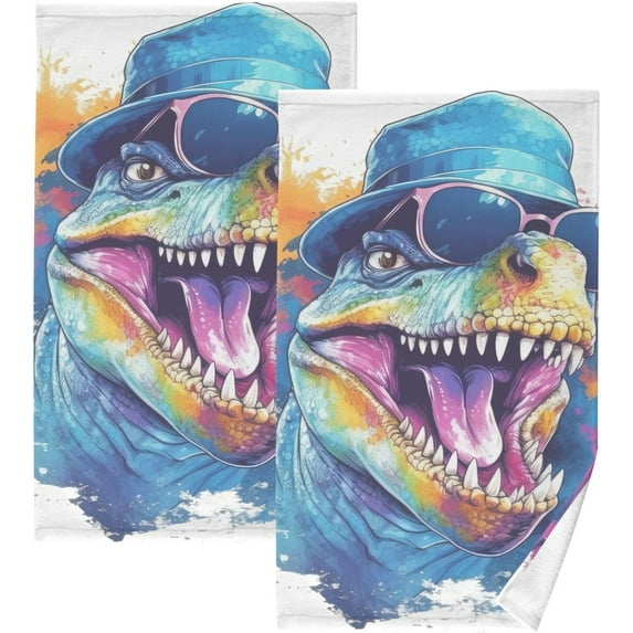 Dreamtimes Summer Rex Dinosaur Hand Towels 2 Pieces, Cotton Bath Towel for Drying Face Hands Body Decorative Water Absorbent Lightweight Towels for Bathroom Ktichen Travel Gym,16"x28"