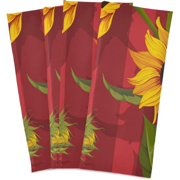 Dreamtimes Sunflower Red Stripes Kitchen Towels Set of 4 Dishcloths Hand Towels Tea Towels Ultra Absorbent for Cleaning Washing Drying Dishes Tableware 28'' x 18''