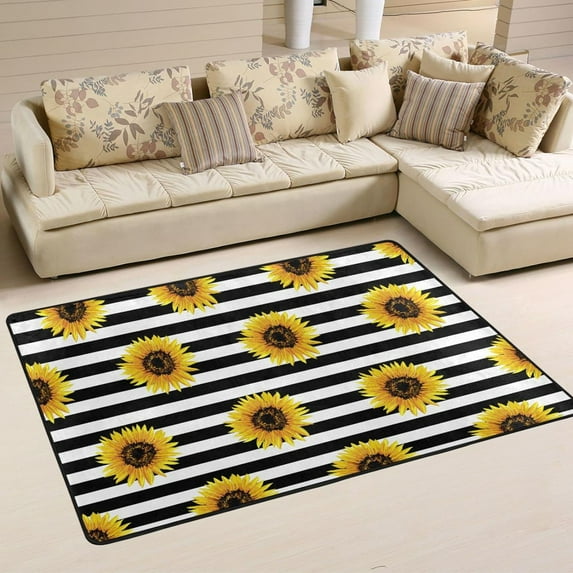 Dreamtimes Sunflowers Blcak White Lines Area Rug 72x48in Summer Bright Floral Non-Slip Floor Carpet Comfort Floor Mats Decor for Indoor Living Dining Room and Bedroom Area